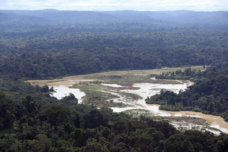 Foto aérea mostra grande área desmatada da floresta amazônica por garimpo ilegal