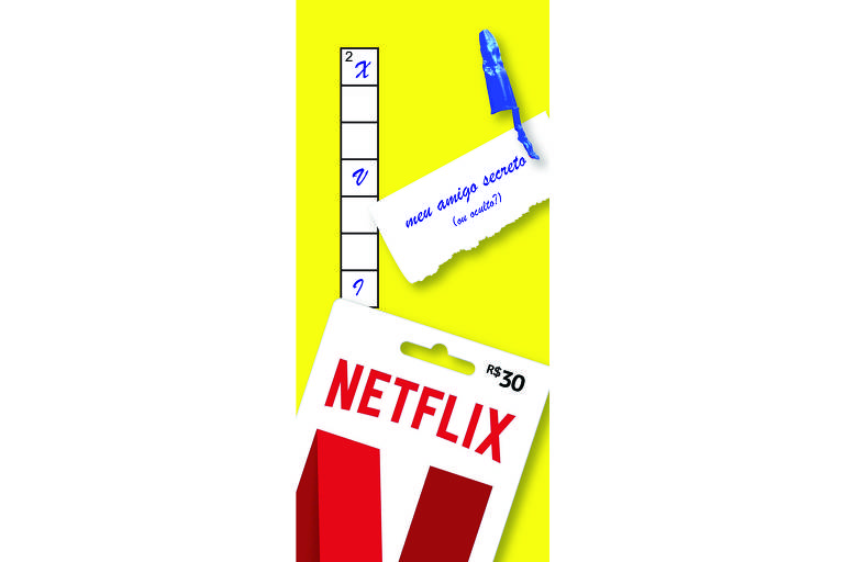 Sobre um fundo amarelo há um cartão pré-pago Netflix, um pedaço de papel de um sorteio de amigo secreto, uma tampa de caneta Bic mordida e uma coluna de cruzadinha com 7 letras.