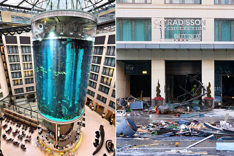 Maior aquário cilíndrico do mundo explode e espalha 1.500 peixes na Alemanha