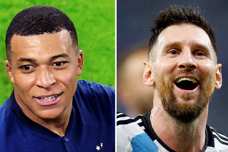 Retratos, lado a lado, dos rostos do francês Mbappé e do argentino Messi, que duelarão na final da Copa do Qatar no estádio de Lusail