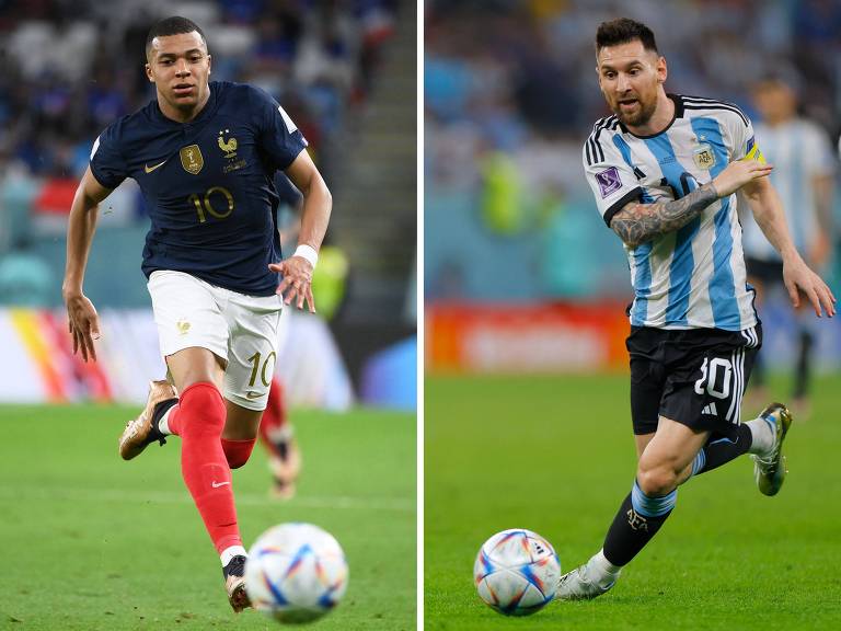 O francês Mbappé e o argentino Messi chegam à decisão da Copa brigando também pela artilharia e pelo prêmio de melhor jogador