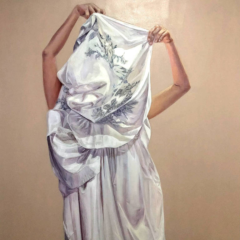 pintura de mulher com pano branco cobrindo a cabeça
