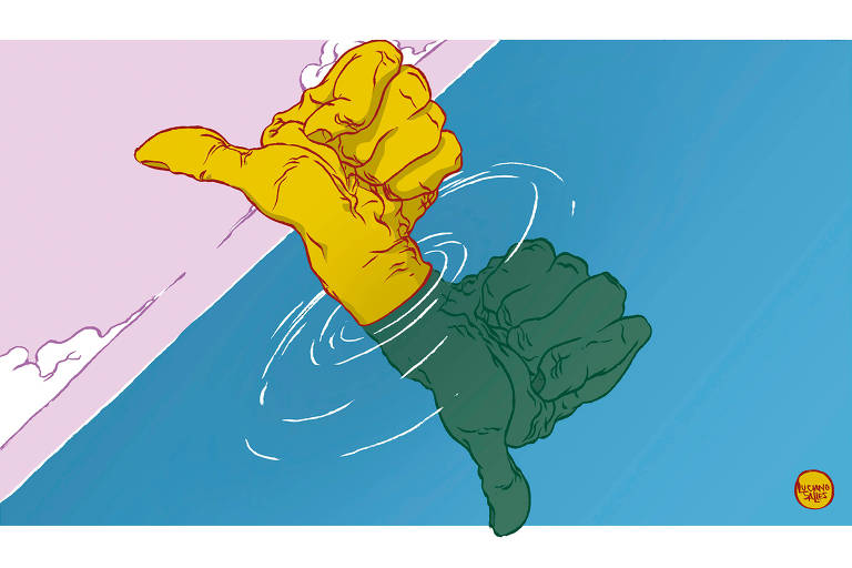 A ilustração de Luciano Salles, publicada na Folha de São Paulo no dia 18 de Dezembro de 2022, mostra a mão de uma pessoa saindo da água. A mão, que é de cor amarela, está fazendo um sinal de positivo e seu reflexo na água faz o mesmo sinal mas de negativo. A água é de cor azul e ao fundo um céu de cor rosa e com duas nuvens brancas.