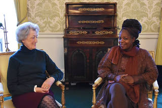 Lady Susan Hussey meets Ngozi Fulani, founder of the charity Sistah Space in the Regency room in Buckingham Palace