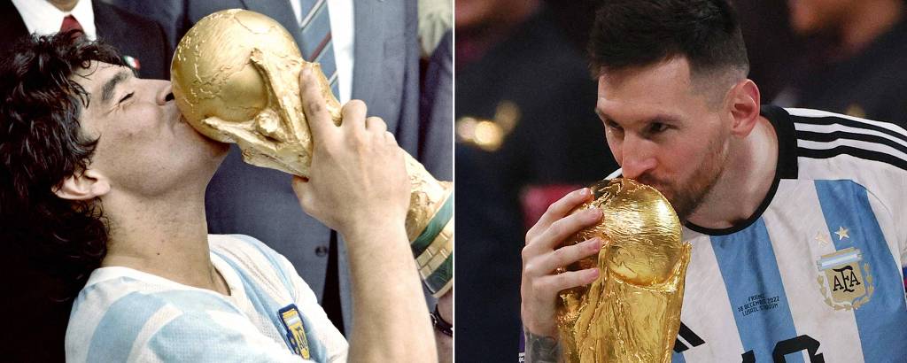 Montagem mostra Maradona, em 1986, e Messi, em 2022, beijando a Taça Fifa depois das conquistas, respectivamente, das Copas do Mundo do México e do Qatar