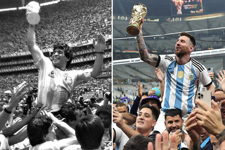 Montagem mostra Maradona carregando a Taça Fifa no estádio Azteca depois de a Argentina ganhar a Copa do México-1986 e Messi fazendo o mesmo no estádio Lusail na conquista de 2022