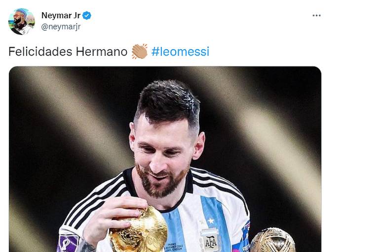 Neymar parabeniza Messi pela conquista da Copa do Mundo, no Twitter
