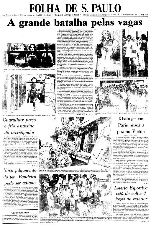 Primeira Página da Folha de 8 de janeiro de 1973