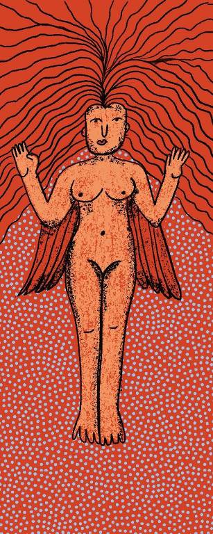 Representação gráfica do mito de lilith, uma mulher nua com cabelos esvoaçantes, nas cores vermelha e ocre com fundo de bolinhas azuis.