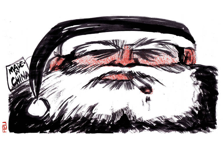 O rosto de um papai Noel infeliz e decadente, com um cigarro na boca e um gorro de onde se pende uma etiqueta que diz: "Made in China"