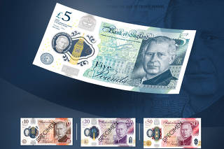 An image provided by the Bank of England shows the new bank notes showing King Charles III. (The Bank of England via The New York Times)