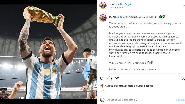 Campeão do mundo, Messi ergue a Taça Fifa em post no seu perfil no Instagram; publicação se tornou a mais curtida da rede social