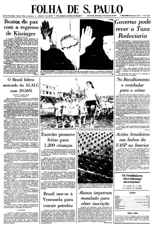Primeira Página da Folha 14 de janeiro de 1973