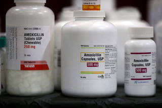 FILE PHOTO: Amoxicillin penicillin antibiotics are seen in the pharmacy at a medical and dental health clinic in Los Angeles