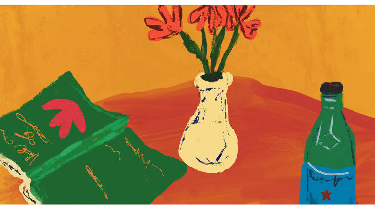 Na ilustração, de fundo amarelo, estão sobre uma mesa, de toalha vermelha, um livro verde, uma garrafa verde de água e um vaso de flores.
