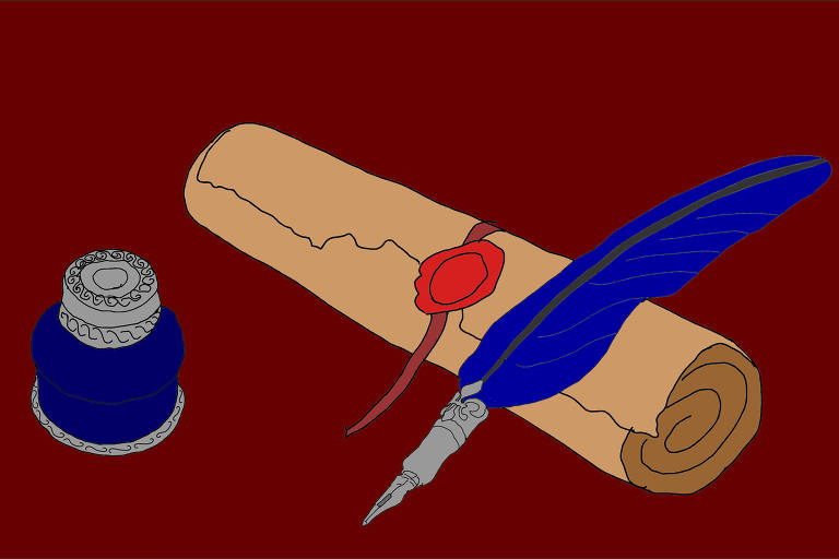 A ilustração de Annette Schwartsman, publicada na Folha de São Paulo no dia 25 de dezembro de 2022, mostra, sob um fundo cor de vinho, um documento antigo amarelado, enrolado e lacrado com selo de cera e fita vermelhos; sobre o documento está apoiada uma caneta tinteiro prateada com pena azul e um vidro de tinta azul com tampo prateado.