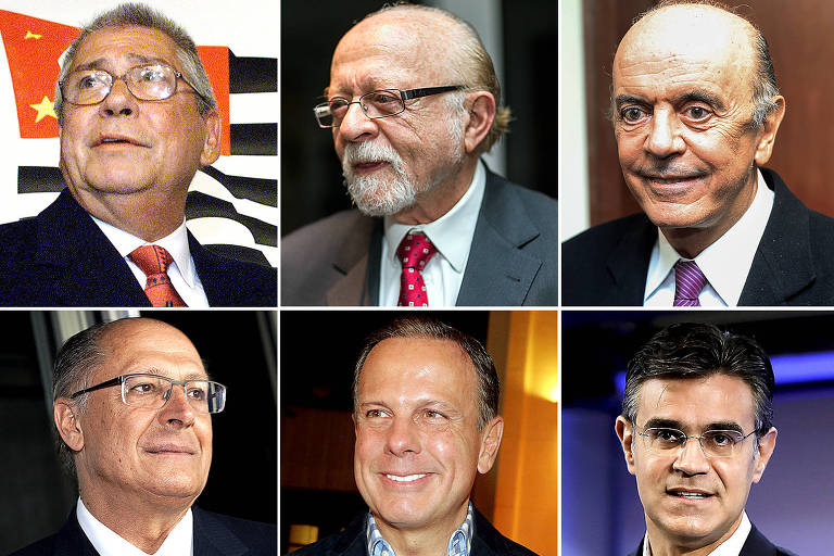 Montagem com retratos dos ex-governadores tucanos de São Paulo; (da esq. para a dir.) Mário Covas, Alberto Goldman, José Serra, Geraldo Alckmin, João Doria e Rodrigo Garcia 