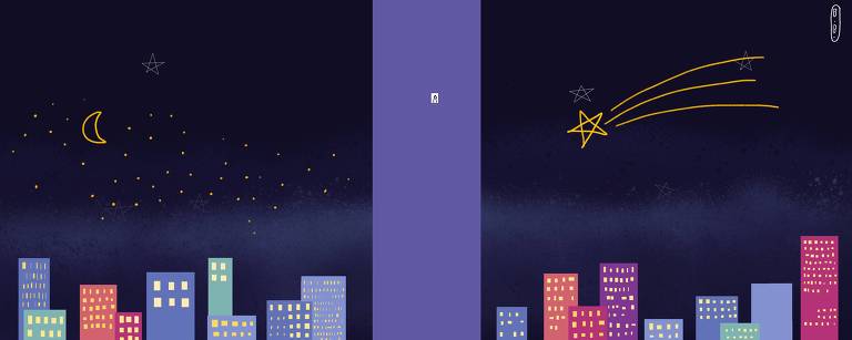 A ilustração mostra uma cena urbana durante a noite de natal. No centro, um prédio muito grande com apenas uma janela acesa e abaixo vários prédios bem menores com várias luzes acesas.  No céu há lua, estrelas e uma estrela cadente. 