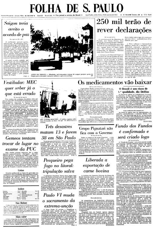 Primeira Página da Folha de 19 de janeiro de 1973