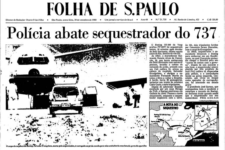 Manchete da Folha de S.Paulo no dia seguinte ao sequestro do voo 375 da Vasp, de 30 de setembro de 1988