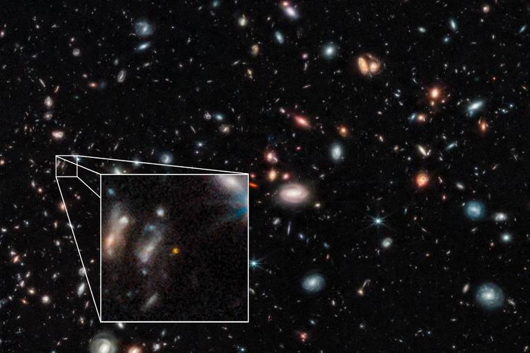 No destaque, uma das galáxias mais antigas encontradas até o momento pelo Webb