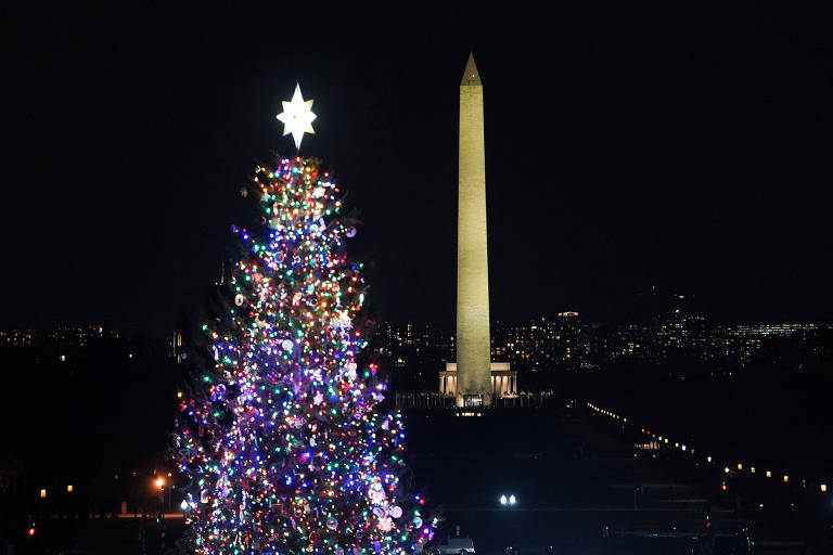 Uma grande árvore de Natal iluminada é vista à noite