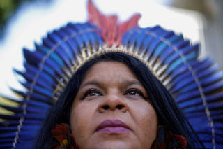 Indigenous Sonia Guajajara, head of the Articulation of Indigenous Peoples of Brazil (APIB) and candidate elected for federal deputy, poses for a picture during the seminar of the natives of the land, indigenous women leaders, in Brasilia
