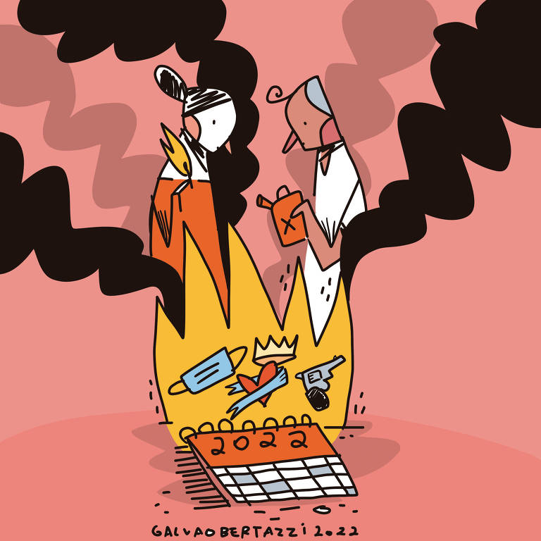 Na ilustração de Galvão Bertazzi temos um casal que ateia fogo num calendário do ano de 2022. A mulher segura um fósforo aceso e o homem um pequeno galão de gasolina. Na frente deles pegam fogo o calendário de 2022, uma máscara de proteção da Covid, um coração real e uma pistola. Fumaça negra se espalha pela ilustração