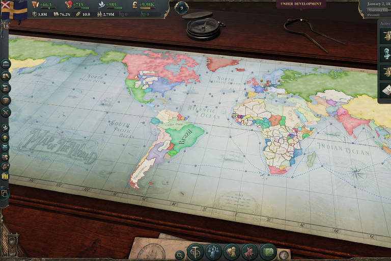 Imagem do jogo mostra um mapa-múndi renderizado em 3d