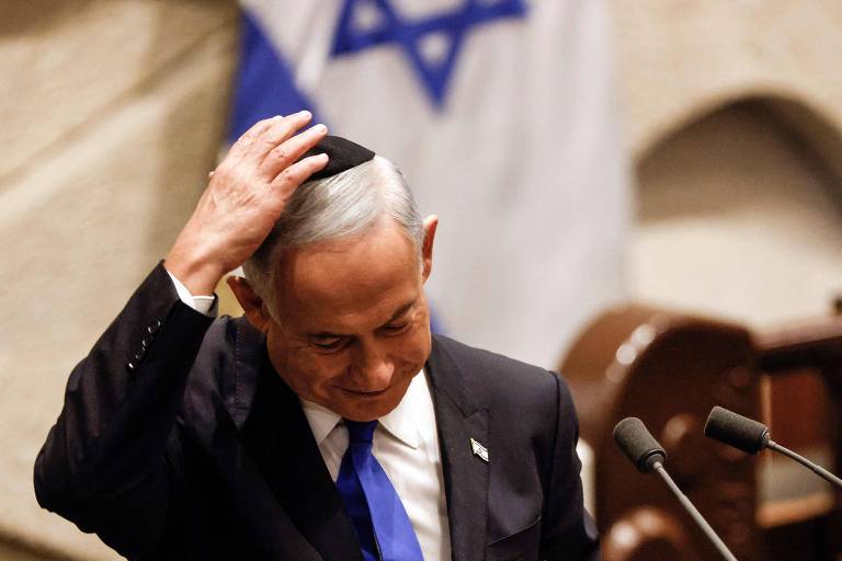 Primeiro-ministro de Israel, Benjamin Netanyahu, em sessão especial do parlamento de Israel, em Jerusalém
