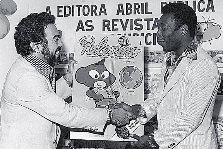 Pelé e Maurício de Sousa em 1977, no lançamento da revista Pelezinho
