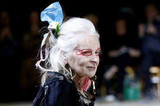 FILE PHOTO: Designer Vivienne Westwood presents a creation by her husband Andreas Kronthaler as part of his Fall/Winter 2017-2018 women's ready-to-wear collection show for Vivienne Westwood during Fashion Week in Paris