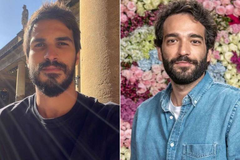 Em foto colorida, dois homens de barba e bigode são colocados lado a lado em uma montagem