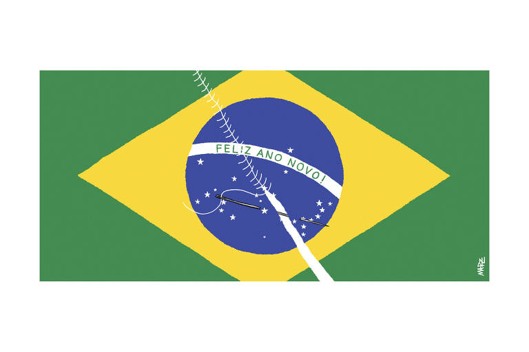 A charge de Marília Marz mostra uma bandeira do Brasil dividida em duas partes que estão sendo costuradas por uma grande agulha. Ao invés de "ordem e progresso", lê-se no centro da bandeira "feliz ano novo!"