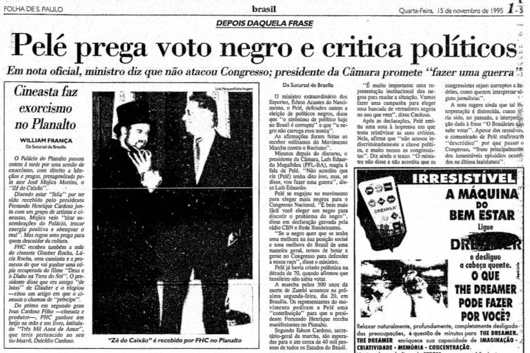 Reprodução da página 5 da edição de 15 de novembro de 1995 da Folha de S.Paulo com reportagem em que Pelé defende voto em políticos negros e critica políticos