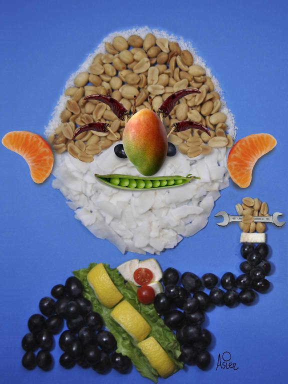 Caricatura/colagem do designer espanhol Asier Sanz.  O presidente Luiz Inácio Lula da Silva feita é retratado com frutas, amendoins, coco, uvas, alface, manga. As comidas são a textura e as formas da ilustração