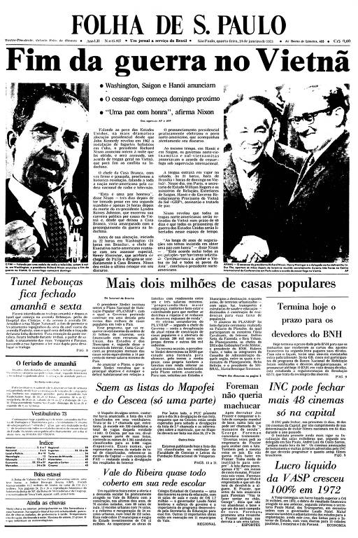 Primeira Página da Folha de 24 de janeiro de 1973