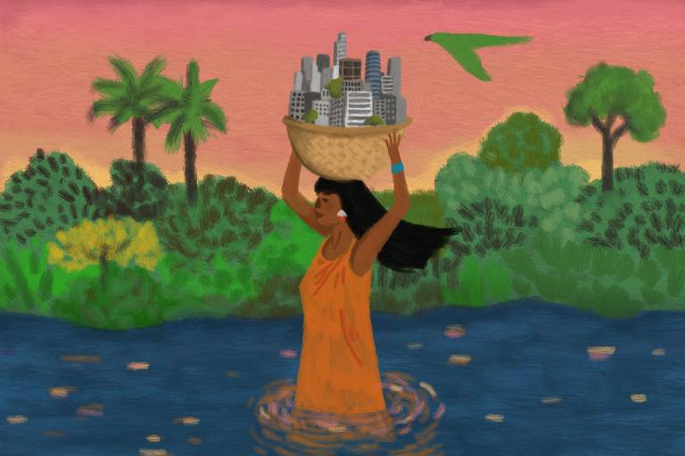 Arte ilustra uma mulher indígena caminhando dentro de um rio e carregando sobre a cabeça um cesto com uma minicidade