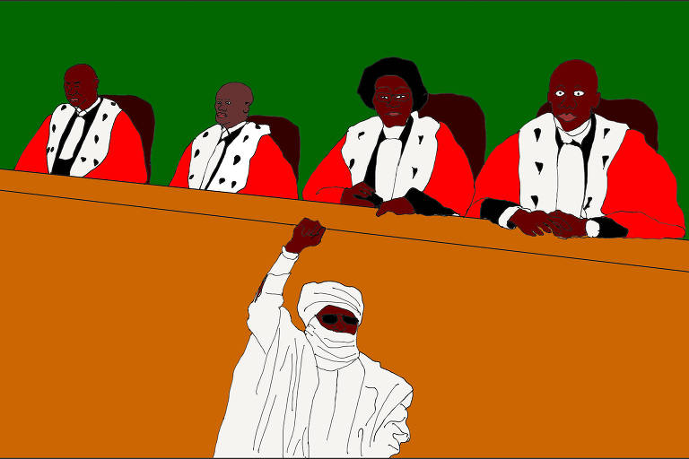 A ilustração de Annette Schwartsman, publicada na Folha de São Paulo no dia 8 de janeiro de 2023, mostra um tribunal com quatro juízes afro-descendentes, um deles mulher, usando mantos vermelhos com as golas brancas pontilhadas de marcas pretas; abaixo deles, no banco do réu, um homem, também afro-descendente, usa um traje branco típico de um beduíno e óculos escuros; ele está com o braço direito levantado e o punho em riste.