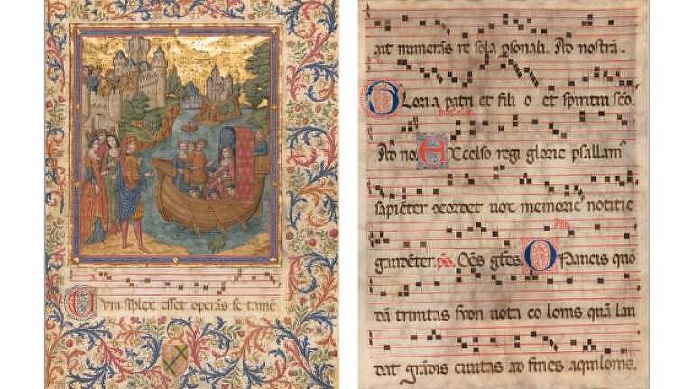 'A Chegada da Noiva': folha de pergaminho foi, na frente, pintada pelo Falsificador Espanhol, enquanto o verso foi mantido com partitura original