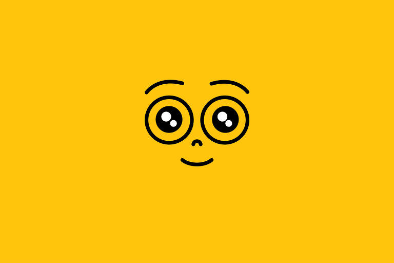 Sobre um fundo amarelo há um emoji de uma cara de um menino com olhos inocentes grandes e brilhantes e um leve sorriso.