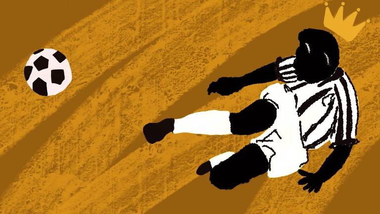 Na ilustração de fundo marrom e amarelo, está o Rei Pelé, chutando uma bola, ele veste o uniforme do Santos futebol clube e tem uma coroa sobre a cabeça.