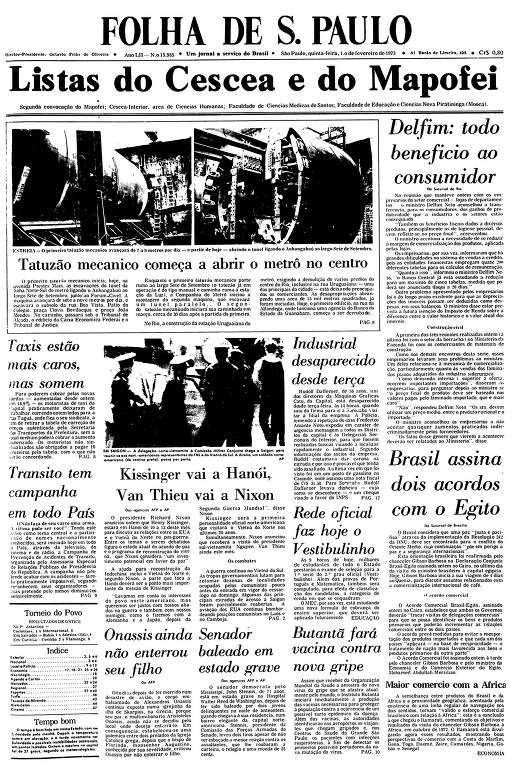 Primeira Página da Folha de 1º de fevereiro de 1973