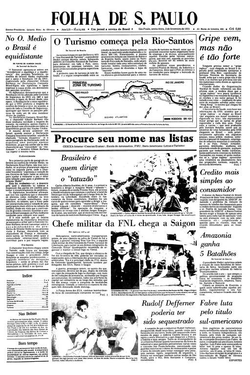 Primeira Página da Folha de 2 de fevereiro de 1973