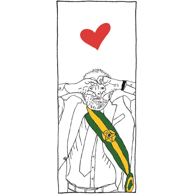 No desenho de Luiza Pannunzio o presidente Lula, vestindo terno e faixa presidencial verde e amarela, faz coraçãozinho com as duas mãos. Acima de sua imagem há um coração vermelho.