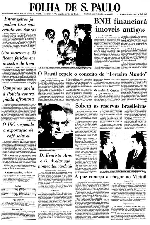 Primeira Página da Folha de 3 de fevereiro de 1973