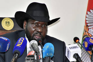 FILE PHOTO: South Sudan's President Salva Kiir addresses a news conference at the State House in Juba