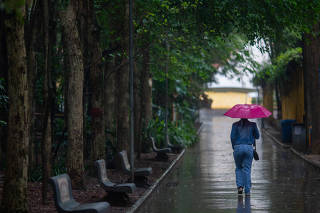 Mulher caminha durante chuva no parque da Água Branca