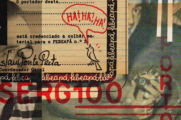 Na colagem digital de Marcelo Martinez, elementos gráficos do material de promoção do Febeapá. Com destaque, a logotipia "Sérg100", misturando letras e números.