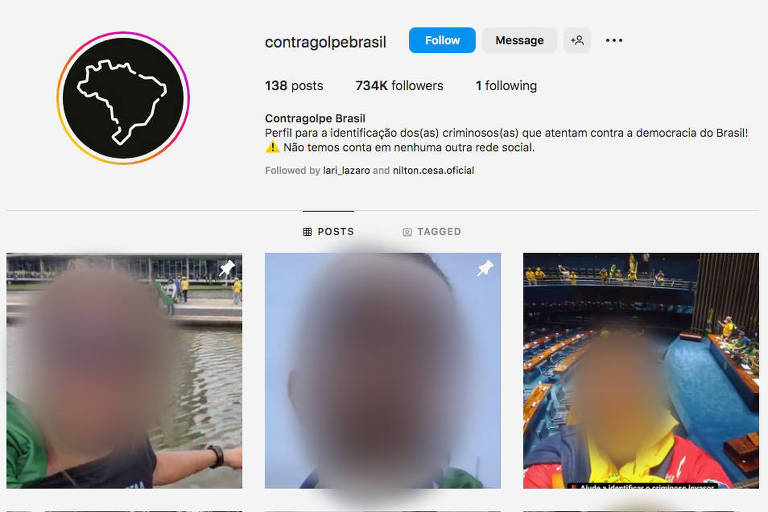 Página no Instagram do perfil Contragolpe Brasil, criado para a identificação de criminosos que atentaram contra a democracia do Brasil no domingo, 8 de janeiro de 2023